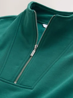 Teal Blue Relaxed Fit Heavyweight Cotton Rich Jersey Zip Neck Sweatshirt