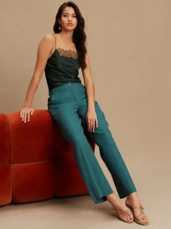 Teal Blue Smart Front Linen Blend Wide Leg Trousers