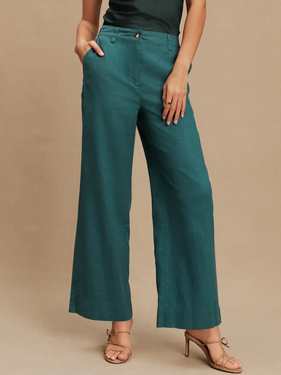 Teal Blue Smart Front Linen Blend Wide Leg Trousers