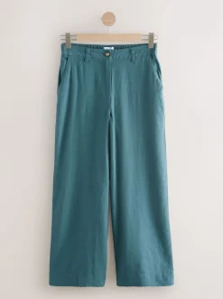 Teal Blue Smart Front Linen Blend Wide Leg Trousers