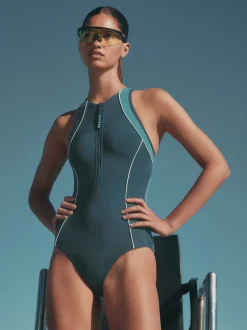 Teal Green Active High Neck Tummy Control Swimsuit