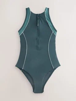 Teal Green Active High Neck Tummy Control Swimsuit