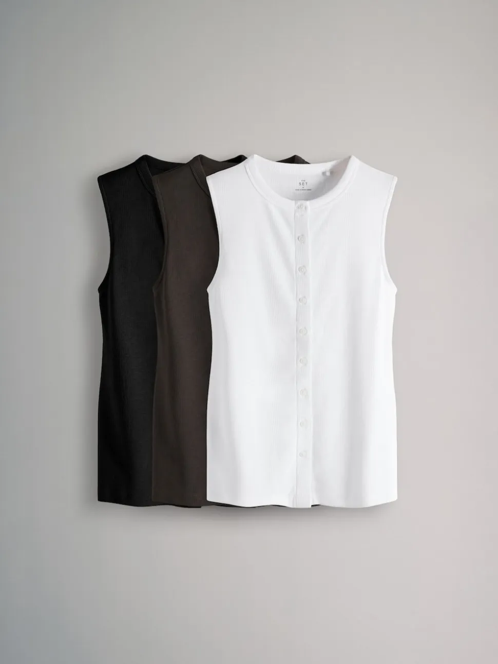 The Set 3 Pack Button Through Ribbed Vests Black/White/Chocolate Brown