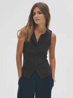 The Set 3 Pack Button Through Ribbed Vests Black/White/Chocolate Brown