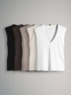 The Set 5 Pack Deep V-Neck Ribbed Vest Black/Brown/White/Cream
