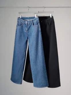 The Set 2 Pack Denim Wide Leg 100% Cotton Jeans Black/Mid Blue