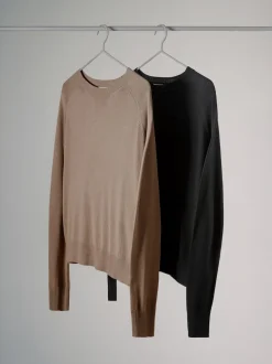 The Set 2 Pack Fine Knit Crew Neck Jumpers Mink/Black