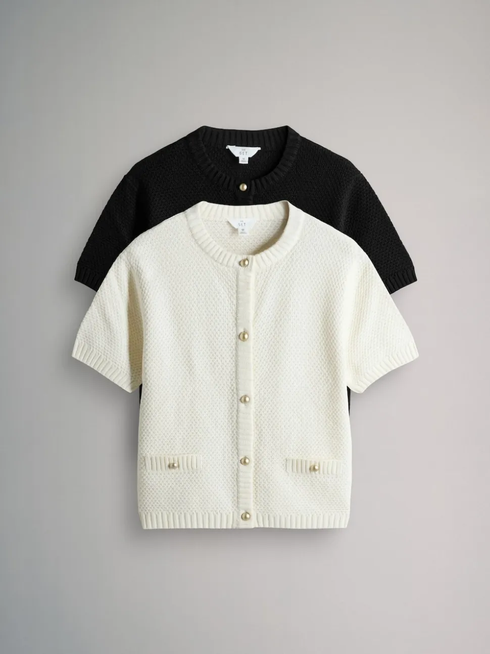The Set 2 Pack Gold Button Knitted Short Sleeve Cardigans Cream/Black