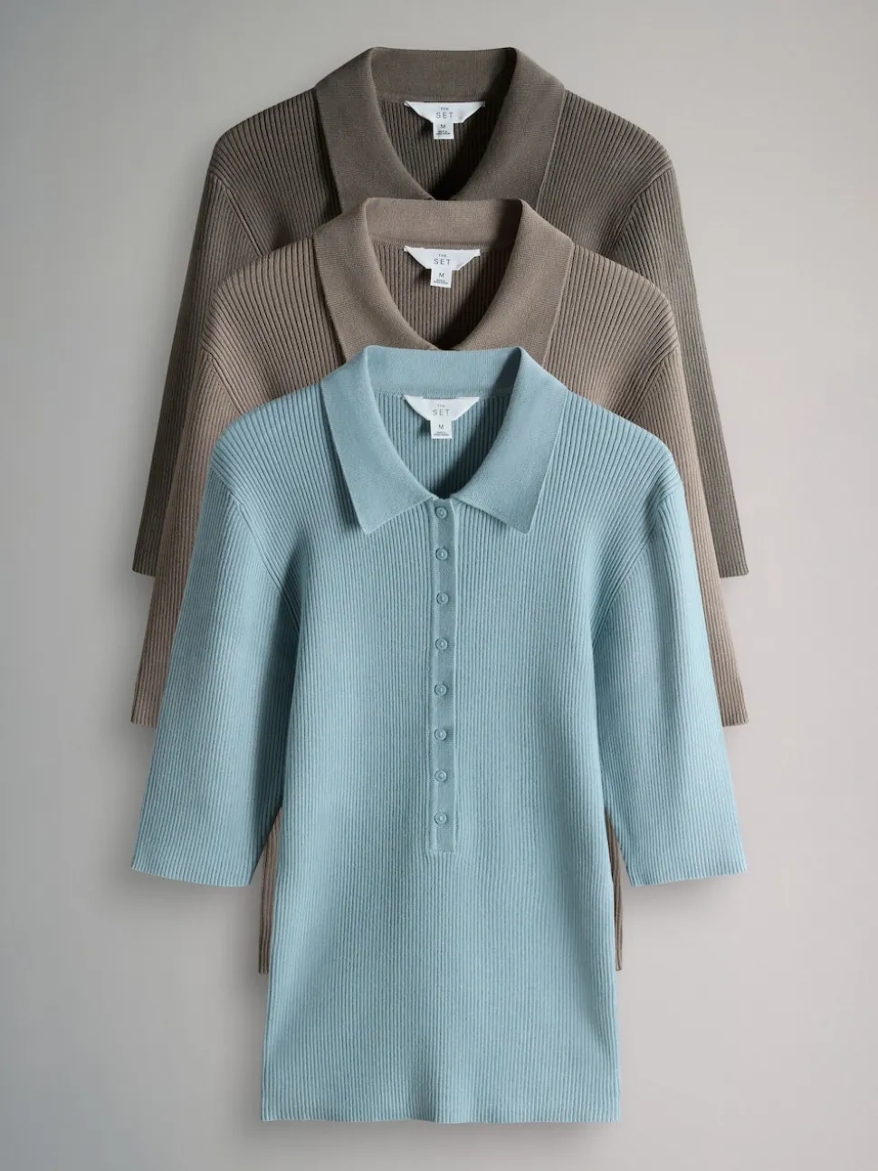 The Set 3 Pack Knitted Ribbed Polo Tops Brown/Neutral/Blue