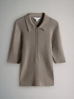 The Set 3 Pack Knitted Ribbed Polo Tops Brown/Neutral/Blue