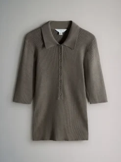 The Set 3 Pack Knitted Ribbed Polo Tops Brown/Neutral/Blue