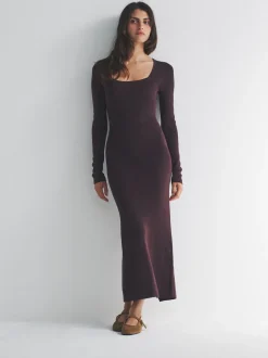 The Set 2 Pack Knitted Square Neck Dress Burgundy Plum/Navy Blue Tipped