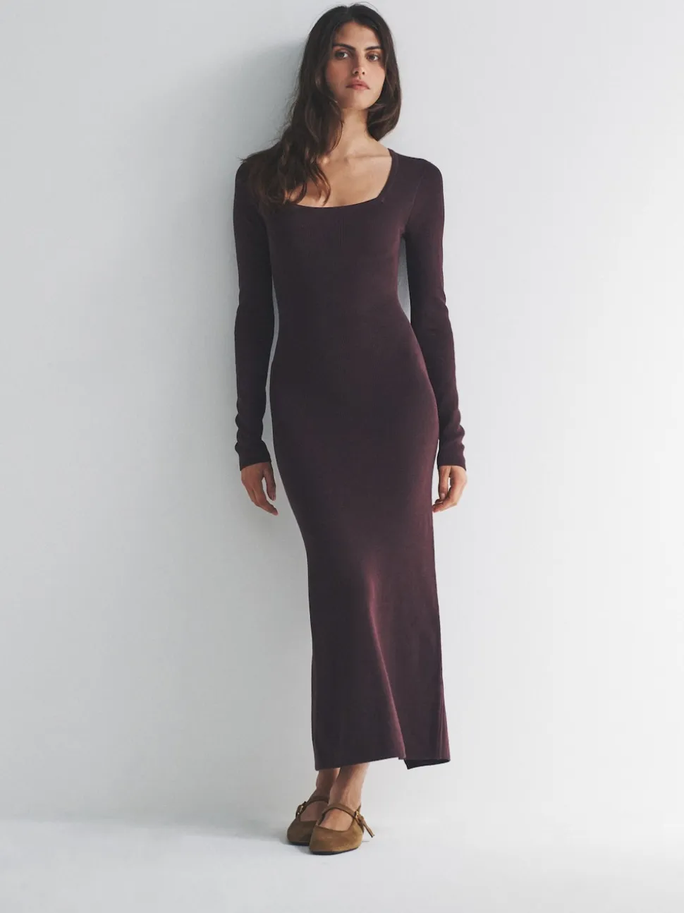 The Set 2 Pack Knitted Square Neck Dress Burgundy Plum/Navy Blue Tipped