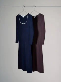 The Set 2 Pack Knitted Square Neck Dress Burgundy Plum/Navy Blue Tipped