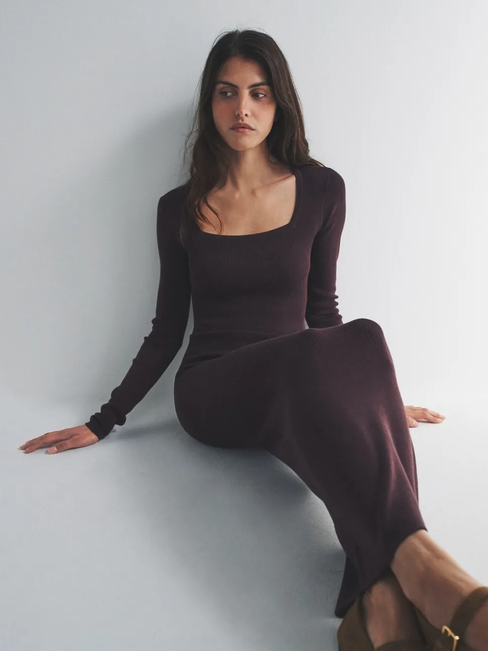 The Set 2 Pack Knitted Square Neck Dress Burgundy Plum/Navy Blue Tipped