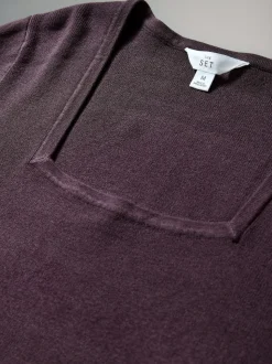 The Set 2 Pack Knitted Square Neck Dress Burgundy Plum/Navy Blue Tipped