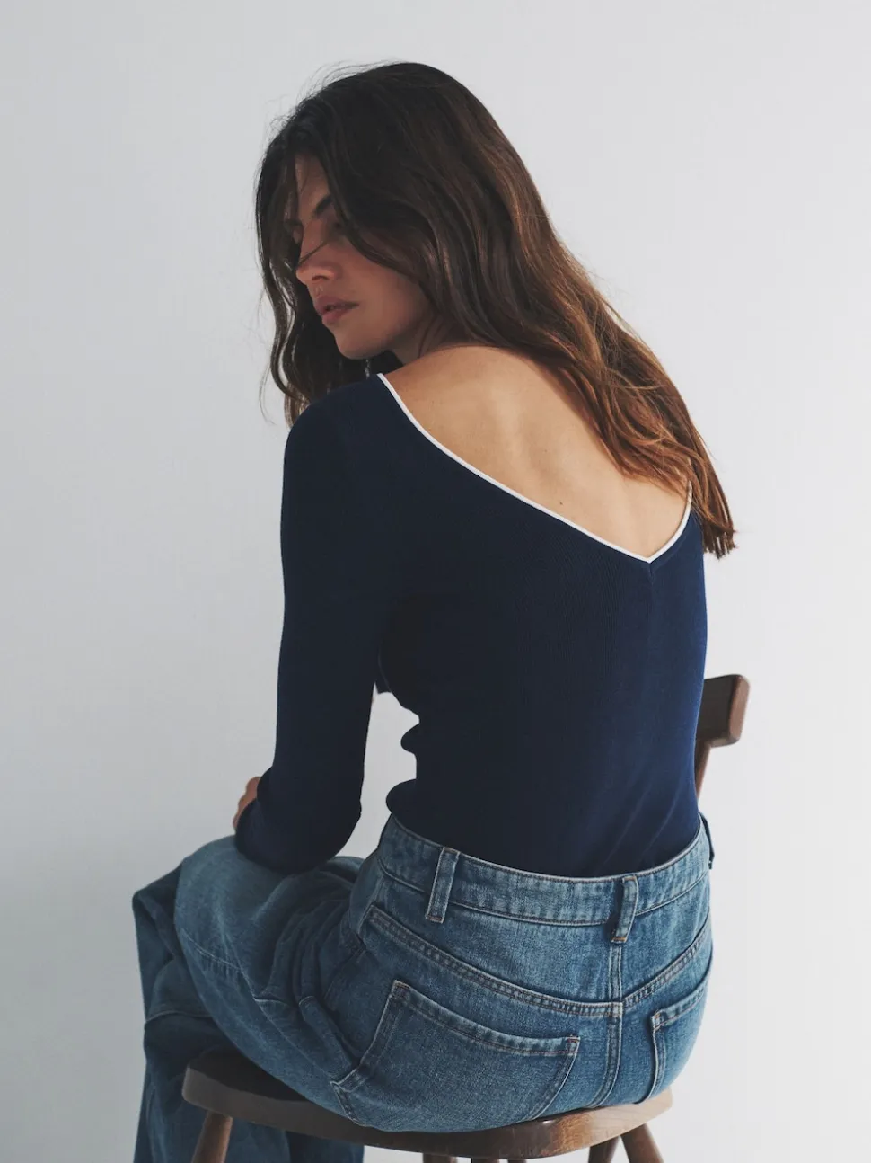 The Set 2 Pack Knitted Tipped Scoop Back Tops Ecru/Navy Blue