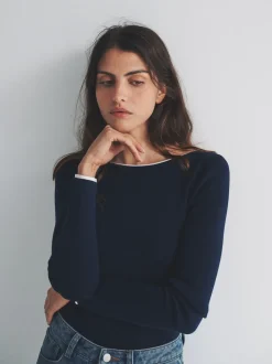 The Set 2 Pack Knitted Tipped Scoop Back Tops Ecru/Navy Blue