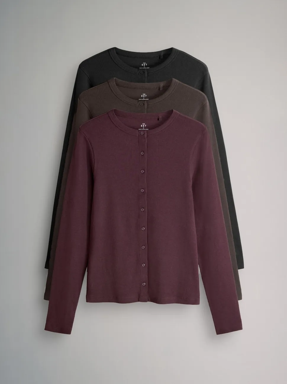 The Set 3 Pack Long Sleeve Button Through Rib T-Shirt Black/Chocolate Brown/Berry
