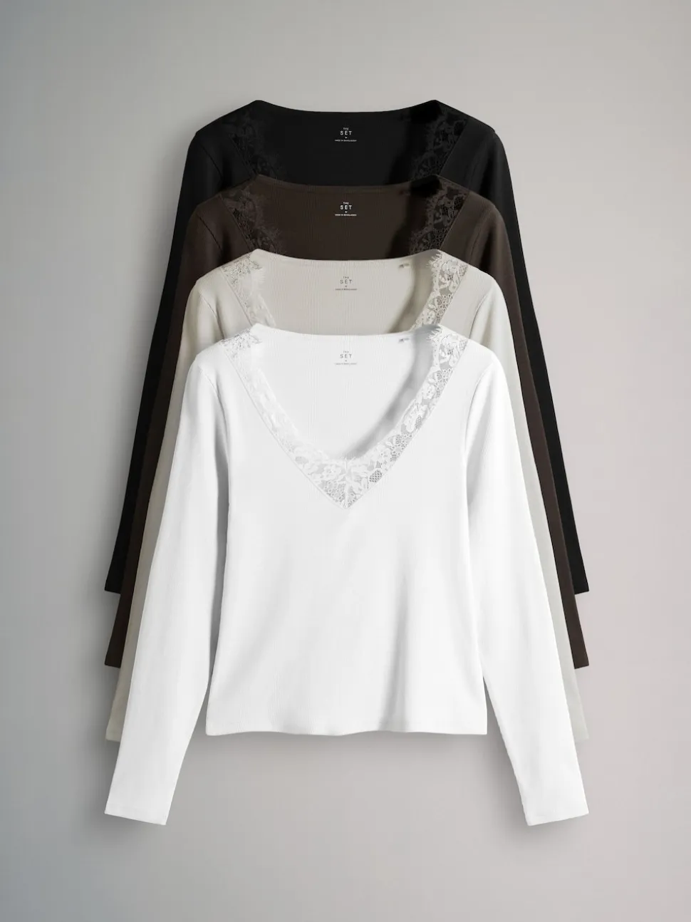 The Set 4 Pack Long Sleeve V-Neck Ribbed Lace Trim T-Shirt Black/Chocolate Brown/Taupe Brown/Cream