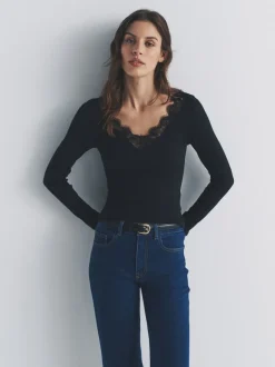 The Set 4 Pack Long Sleeve V-Neck Ribbed Lace Trim T-Shirt Black/Chocolate Brown/Taupe Brown/Cream