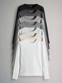 The Set 7 Pack Long Sleeve Crew Neck T-Shirts Stripe/Black/Grey/White