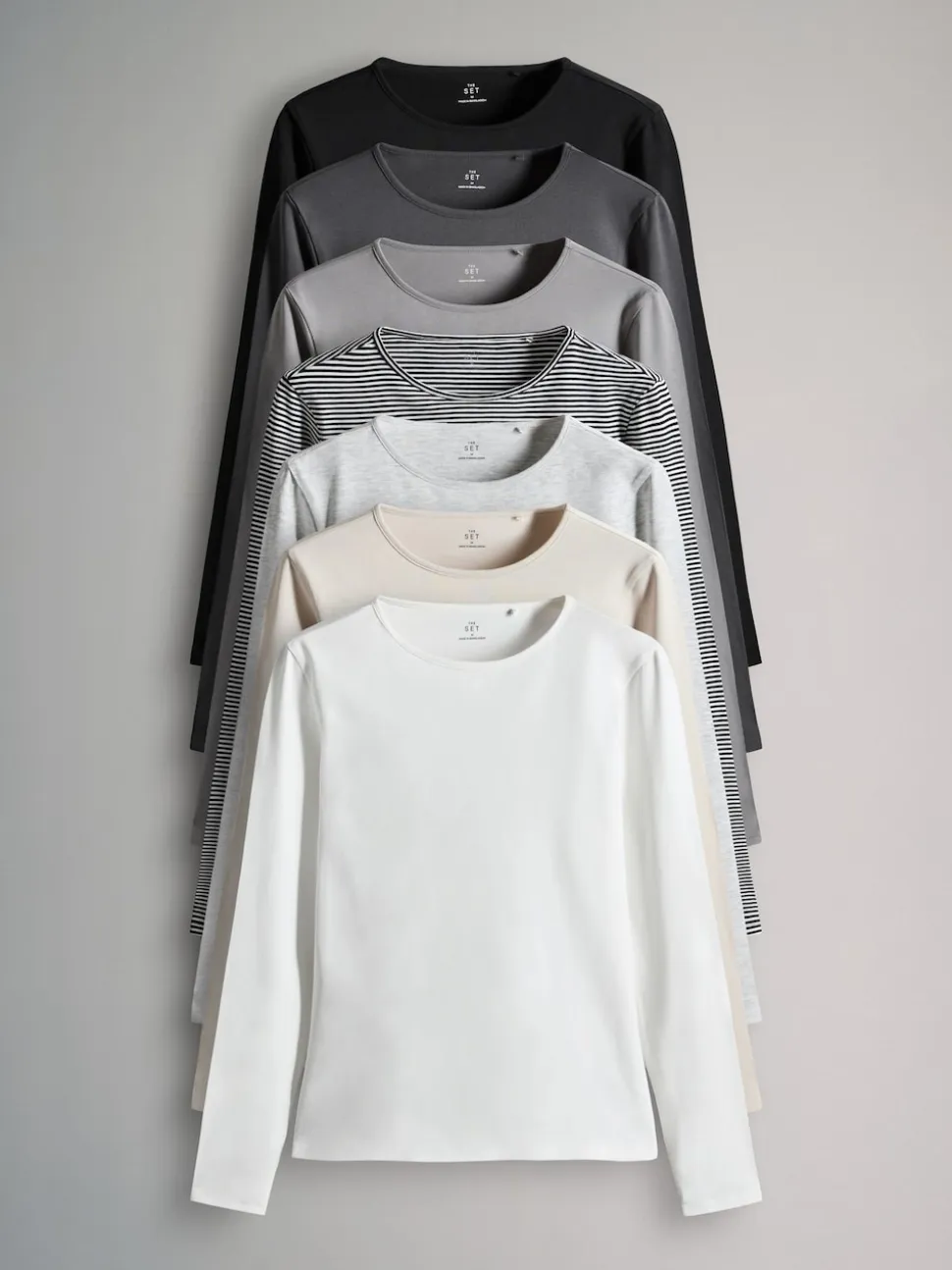 The Set 7 Pack Long Sleeve Crew Neck T-Shirts Stripe/Black/Grey/White