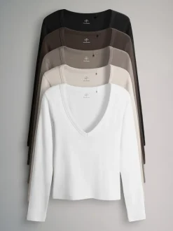 The Set 5 Pack Long Sleeve V-Neck Ribbed T-Shirts Multi