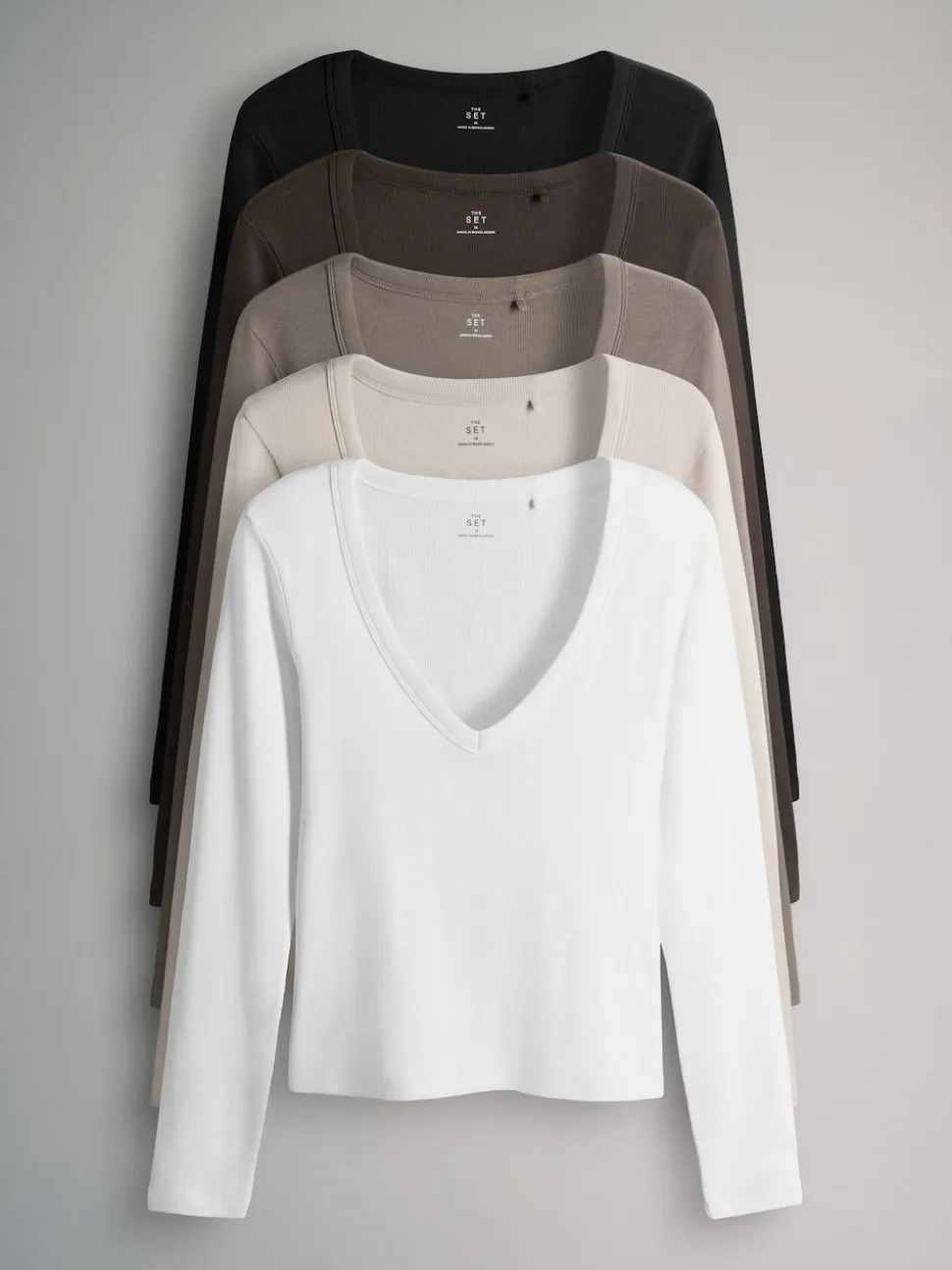 The Set 5 Pack Long Sleeve V-Neck Ribbed T-Shirts Multi