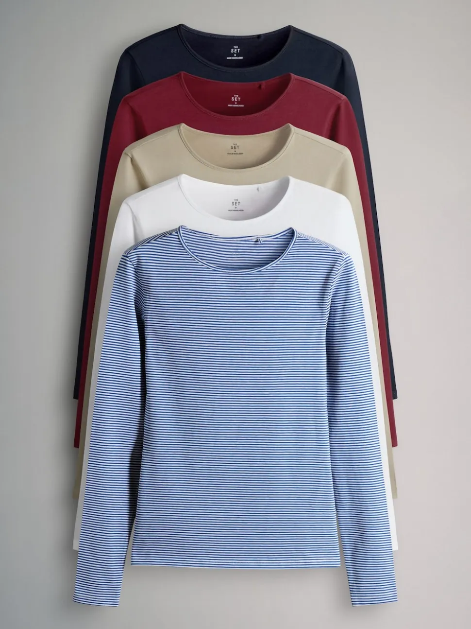 The Set 5 Pack Long Sleeve Crew Neck T-Shirts Navy/Light Blue Stripe/Red/Stone Brown/White