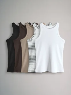 The Set 5 Pack Racer Ribbed Vests Black/Chocolate Brown/Taupe Brown/Stipe/White
