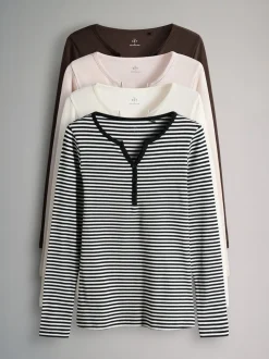 The Set 4 Pack Ribbed Henley Long Sleeve T-Shirts Berry/Stripe/Pink/White