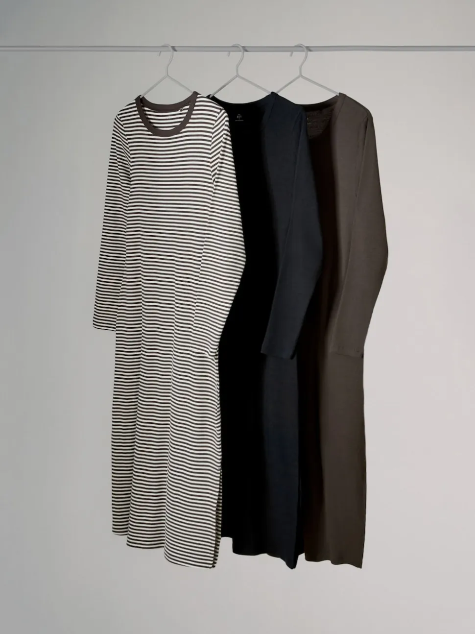 The Set 3 Pack Ribbed Long Sleeve Midi Dresses Navy/Khaki/Stripe
