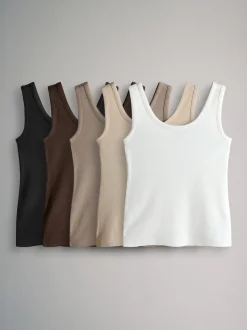 The Set 5 Pack Ribbed Scoop Neck Vests White/Black/Brown/Taupe Brown/Neutral