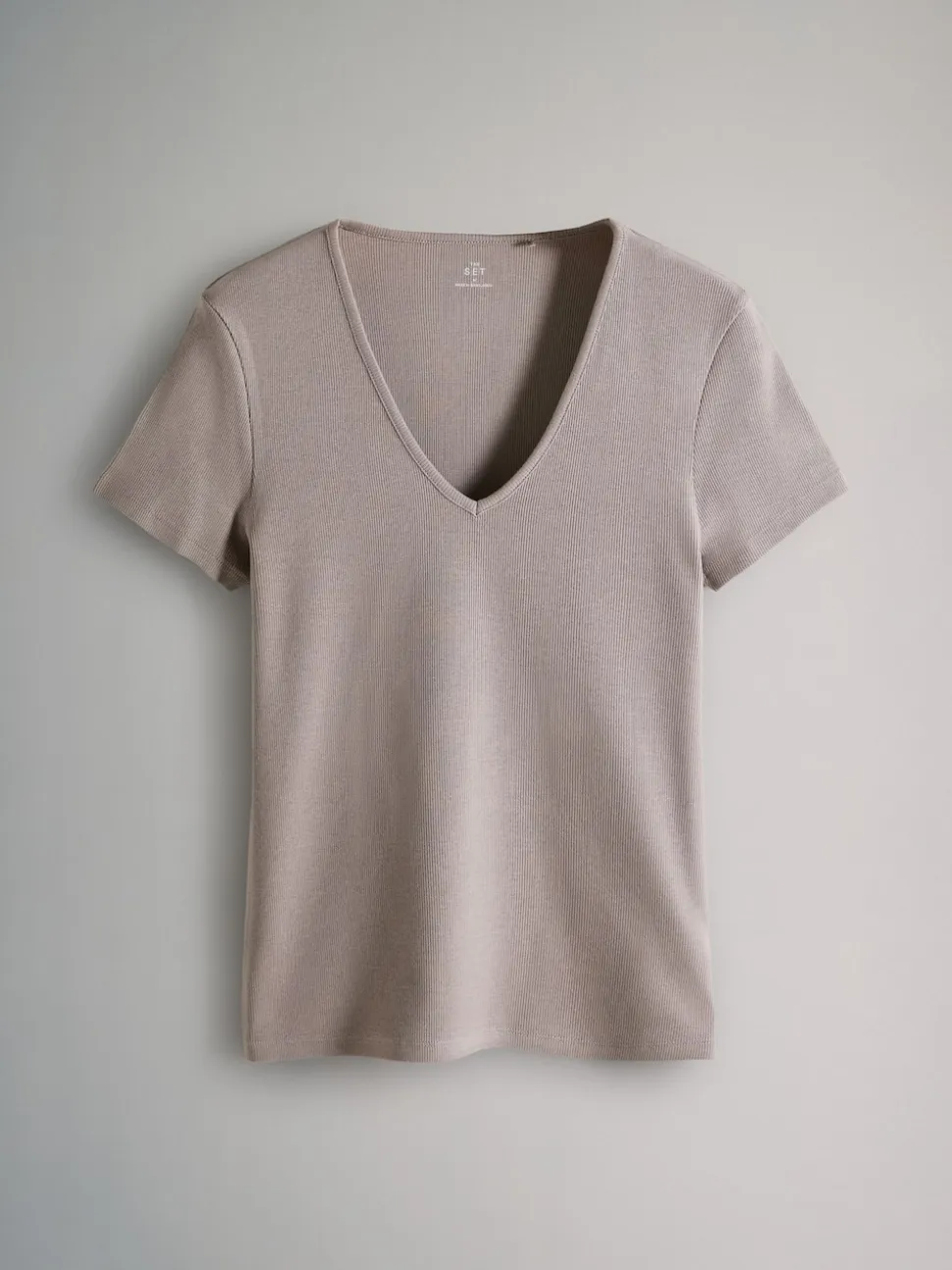 The Set 3 Pack Ribbed V-Neck Short Sleeved T-Shirts Black/White/Taupe Brown