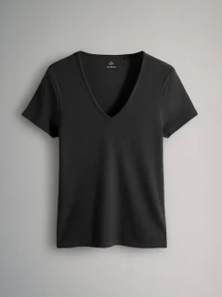 The Set 3 Pack Ribbed V-Neck Short Sleeved T-Shirts Black/White/Taupe Brown