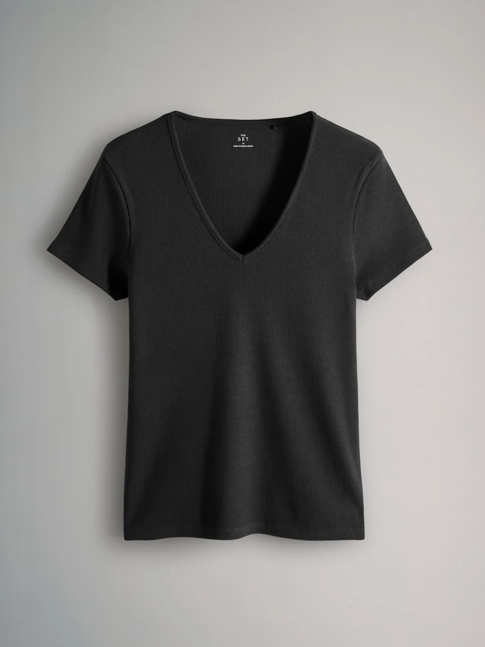 The Set 3 Pack Ribbed V-Neck Short Sleeved T-Shirts Black/White/Taupe Brown