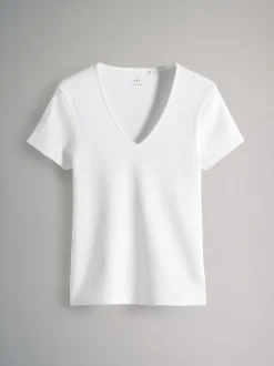The Set 3 Pack Ribbed V-Neck Short Sleeved T-Shirts Black/White/Taupe Brown