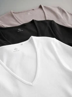 The Set 3 Pack Ribbed V-Neck Short Sleeved T-Shirts Black/White/Taupe Brown