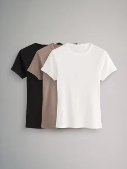 The Set 3 Pack Short Sleeve Ribbed T-Shirts Black/Taupe Brown/White