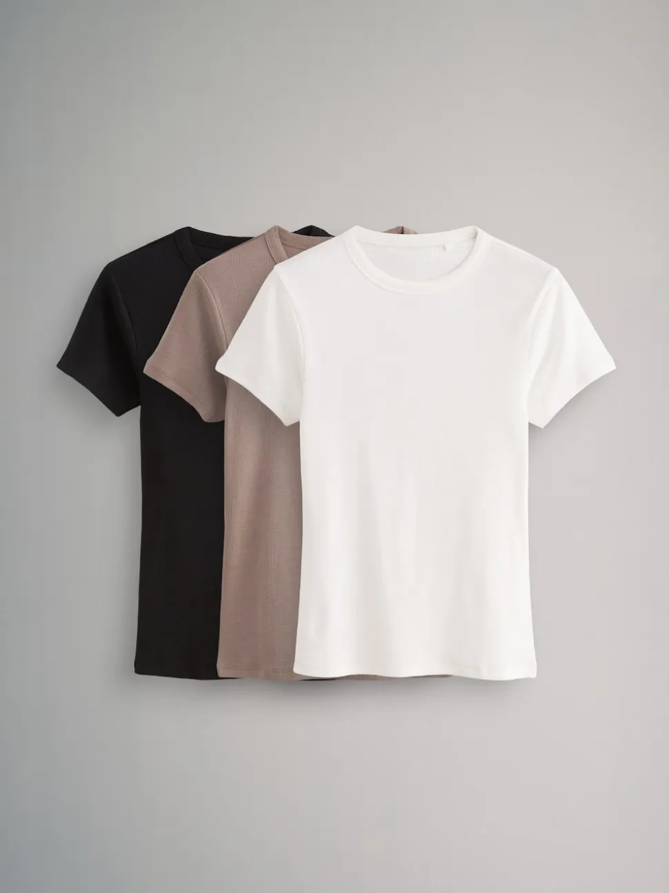 The Set 3 Pack Short Sleeve Ribbed T-Shirts Black/Taupe Brown/White