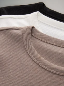 The Set 3 Pack Short Sleeve Ribbed T-Shirts Black/Taupe Brown/White