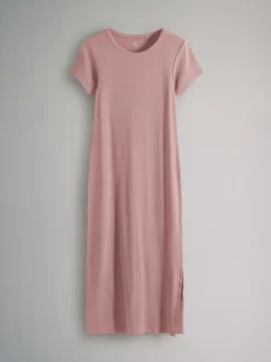 The Set 3 Pack Short Sleeve Ribbed Midi Dresses Black/Mauve Pink/Light Pink