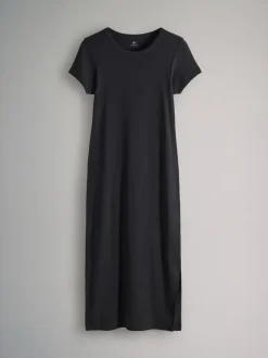 The Set 3 Pack Short Sleeve Ribbed Midi Dresses Black/Mauve Pink/Light Pink