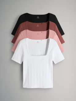 The Set 4 Pack Textured Ribbed Square Neck Half Sleeve T-Shirts Black/Pink/White