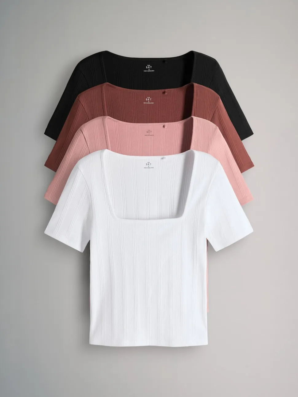 The Set 4 Pack Textured Ribbed Square Neck Half Sleeve T-Shirts Black/Pink/White