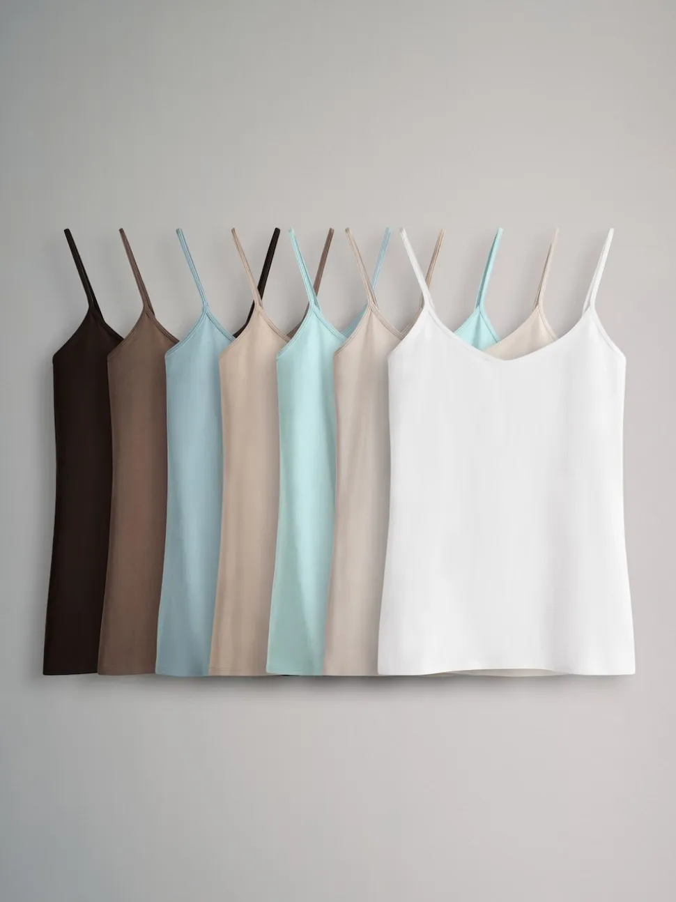 The Set 7 Pack Thin Strap Vest Tops Chocolate Brown/Cream/White/Blues