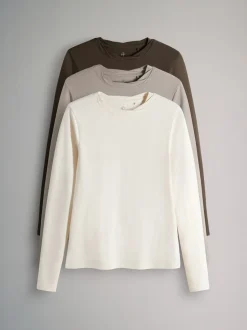 The Set 3 Pack Twist Neck Long Sleeve T-Shirts Chocolate Brown/Taupe Brown/Cream