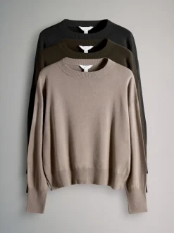 The Set Black/Brown/Neutral 3 Pack Fine Knit Crew Neck Jumpers