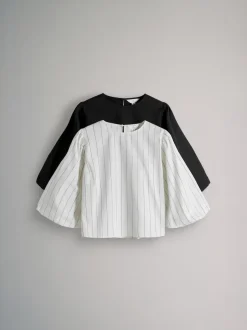 The Set Black/White Pinstripe Puff Sleeve Poplin Blouse 2 Pack